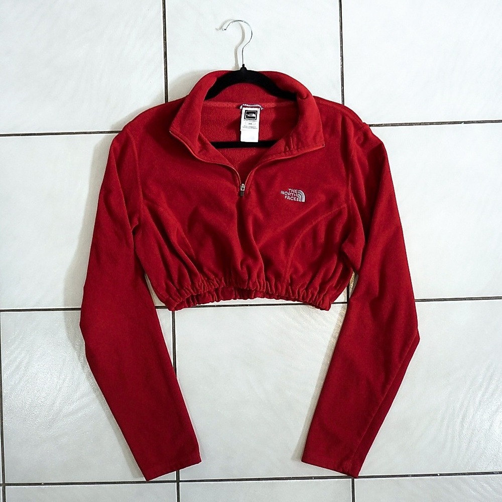 The North Face Women's TKA 100 Reworked Cropped Red Fleece Quarter Zip M